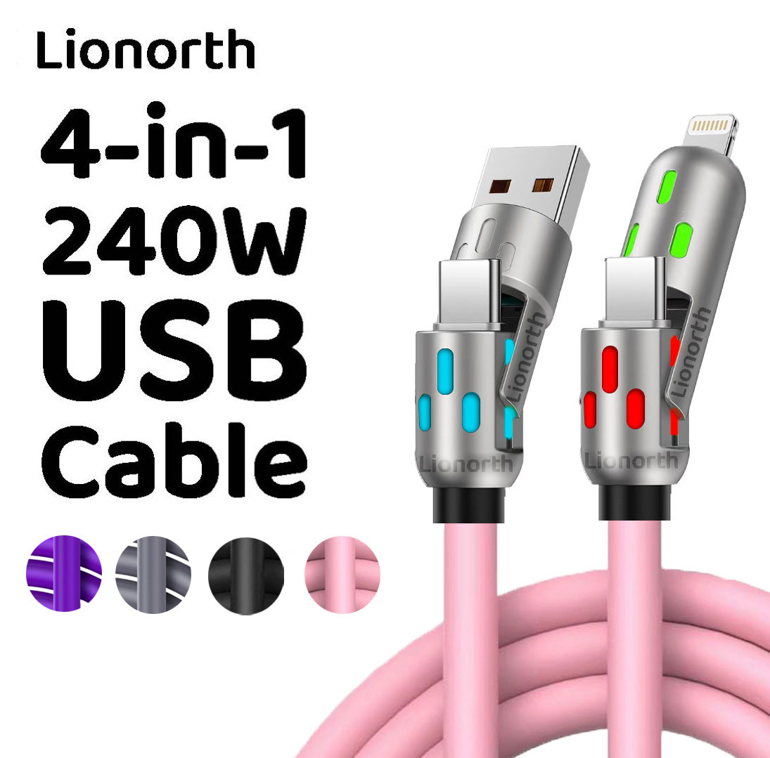 240W 4-in-1 USB Charging Cable – High-Speed Charging and Data Transfer for iPhone 15/16, iPad Pro, Samsung, and Other Devices, Perfect for Home, Office, and Travel