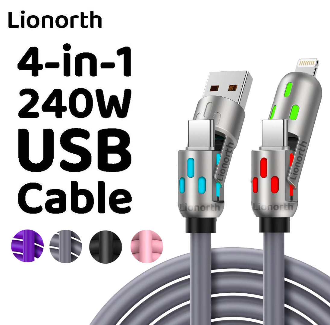 240W 4-in-1 USB Charging Cable – High-Speed Charging and Data Transfer for iPhone 15/16, iPad Pro, Samsung, and Other Devices, Perfect for Home, Office, and Travel
