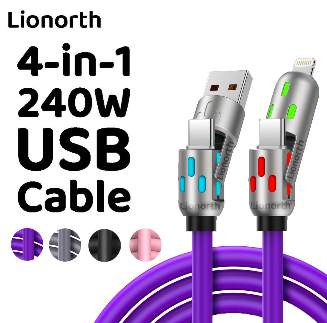 240W 4-in-1 USB Charging Cable – High-Speed Charging and Data Transfer for iPhone 15/16, iPad Pro, Samsung, and Other Devices, Perfect for Home, Office, and Travel