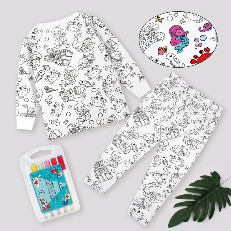 Kids DIY Coloring Pajamas Set with Markers – Soft Bamboo Viscose Unisex Sleepwear, Snug Fit, Stretchy & Breathable PJs, Fun Cartoon Designs in Dinosaur & Mermaid Themes