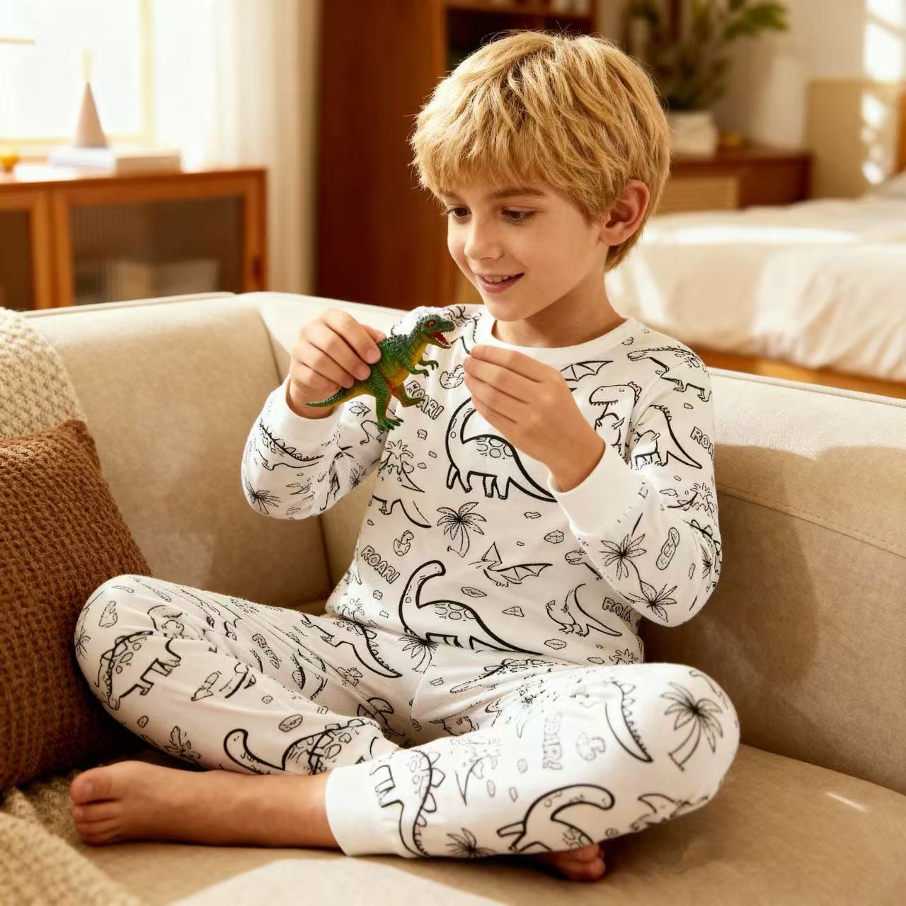 Kids DIY Coloring Pajamas Set with Markers – Soft Bamboo Viscose Unisex Sleepwear, Snug Fit, Stretchy & Breathable PJs, Fun Cartoon Designs in Dinosaur & Mermaid Themes