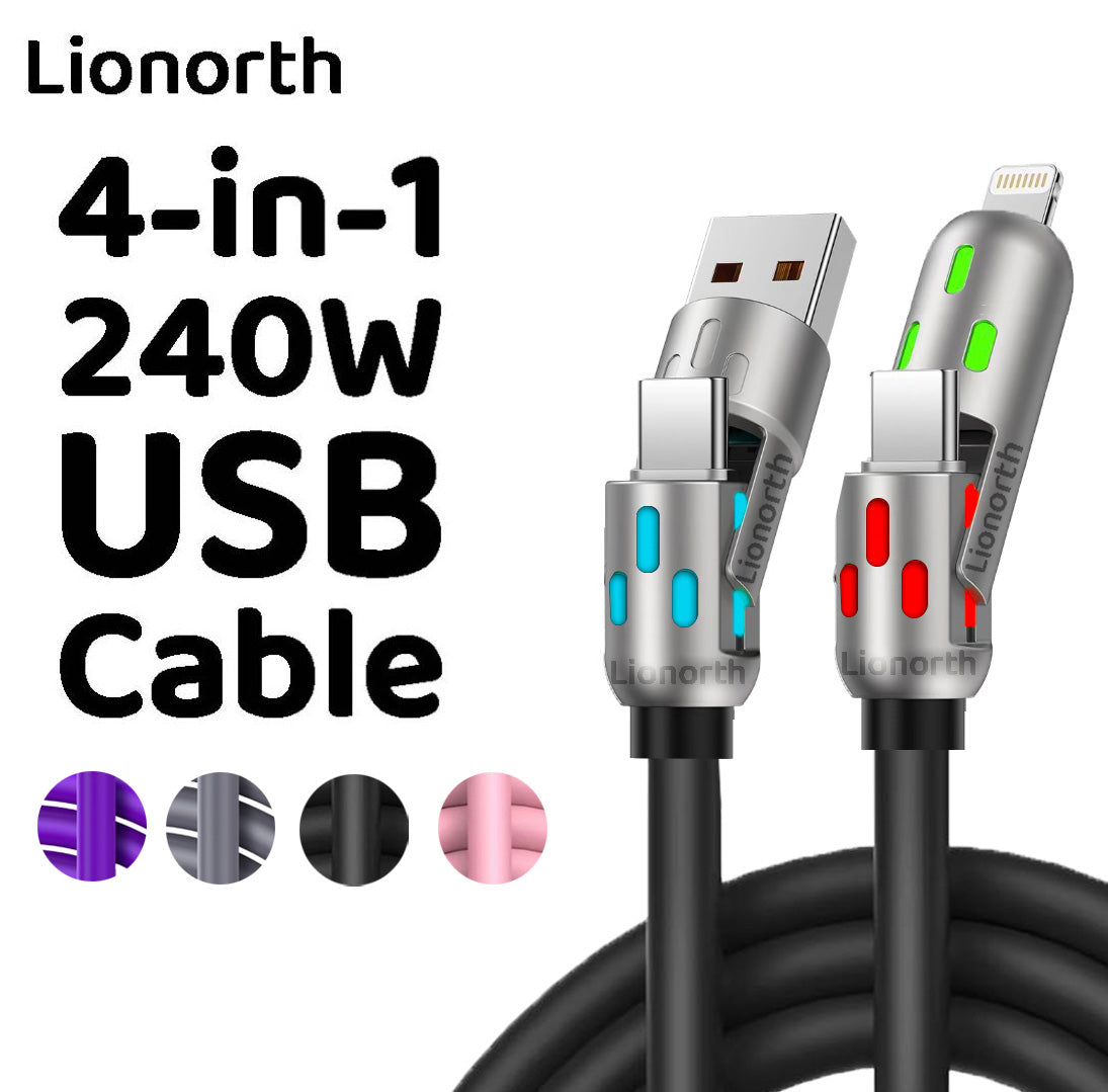 240W 4-in-1 USB Charging Cable – High-Speed Charging and Data Transfer for iPhone 15/16, iPad Pro, Samsung, and Other Devices, Perfect for Home, Office, and Travel
