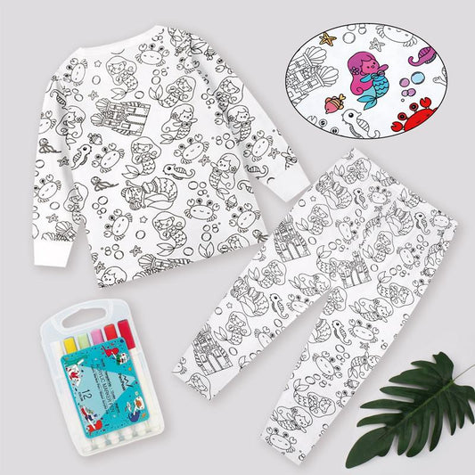 Kids DIY Coloring Pajamas Set with Markers – Soft Bamboo Viscose Unisex Sleepwear, Snug Fit, Stretchy & Breathable PJs, Fun Cartoon Designs in Dinosaur & Mermaid Themes